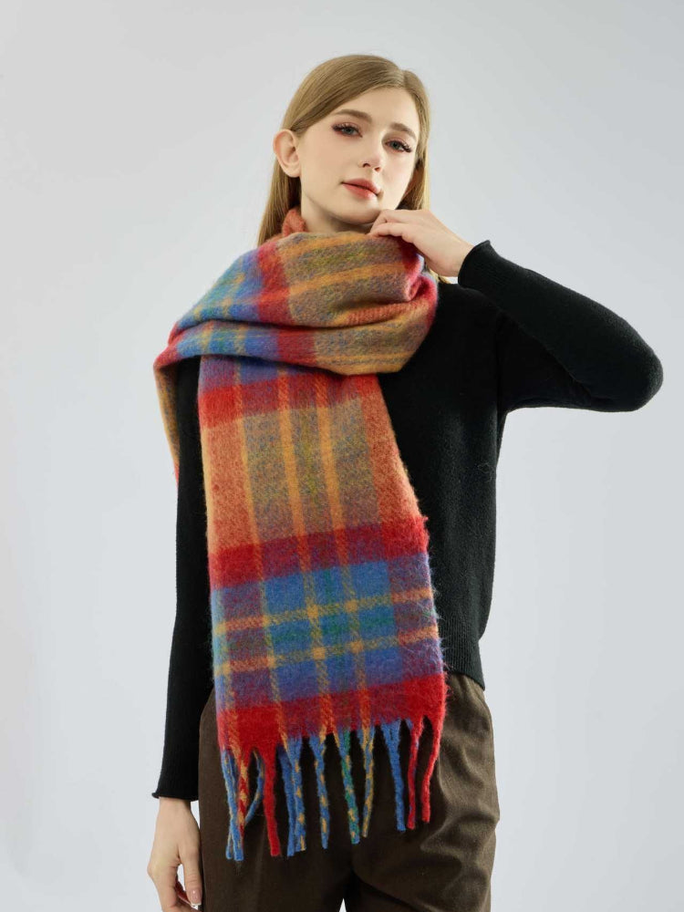 Close-up of a woman wearing a plaid scarf
