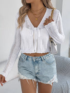 Pointelle Tie-Front Cardigan - View 16 | WEUXS