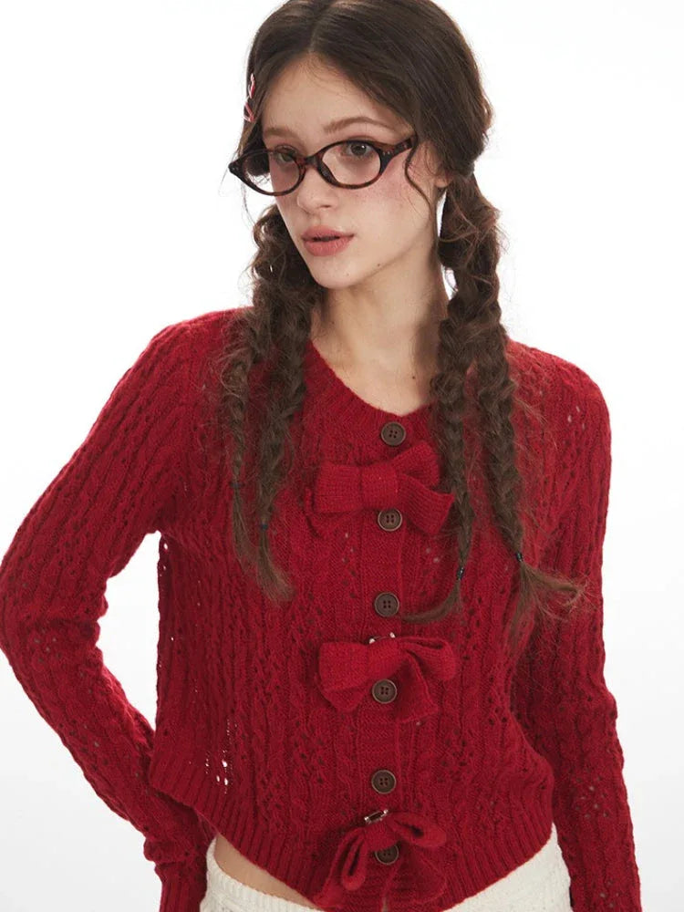 Coquette Cherry Red Bow Pointelle Cardigan - WEUXS