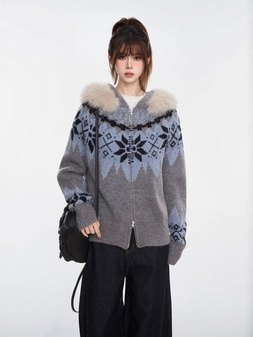 Grey Fair Isle Faux Fur Hooded Zip Knit Cardigan