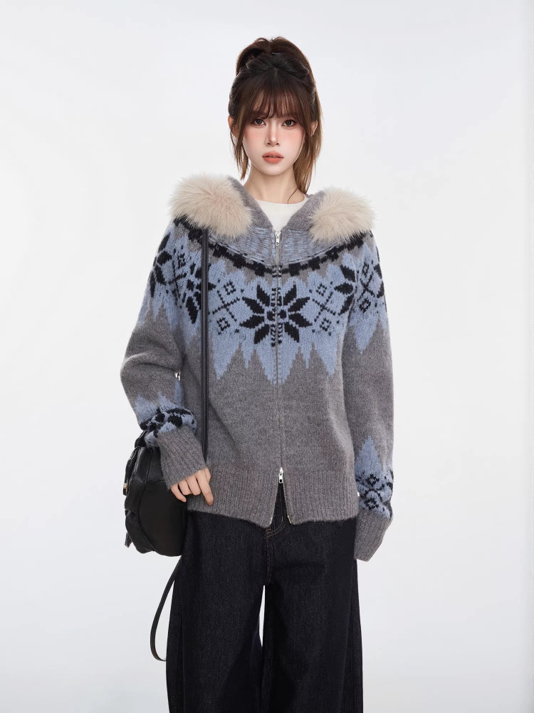Fair Isle Hooded Knit Cardigan