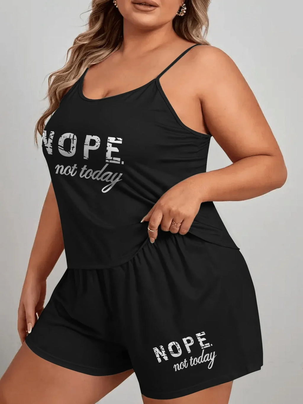 Plus size black pajama set with 'Nope, not today' graphic on camisole and shorts