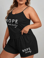 Plus size black pajama set with 'Nope, not today' graphic on camisole and shorts