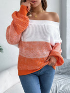 Off-Shoulder Color Block Knit Sweater - View 7 | WEUXS