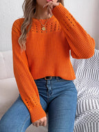 Burgundy Pointelle Knit Crew Neck Sweater with Lantern Sleeves - View 8 | WEUXS