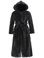 Black hooded long faux fur coat with belt displayed front view