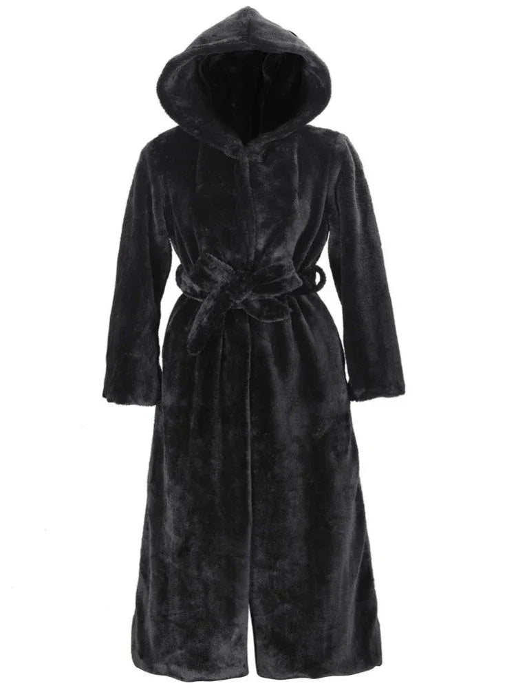 Black hooded long faux fur coat with belt displayed front view