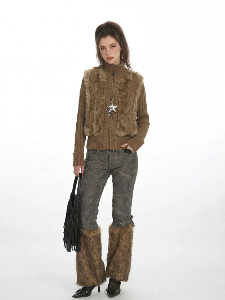 Fashionable ensemble with a mix of textures including knit, faux fur, and embroidered fabric.