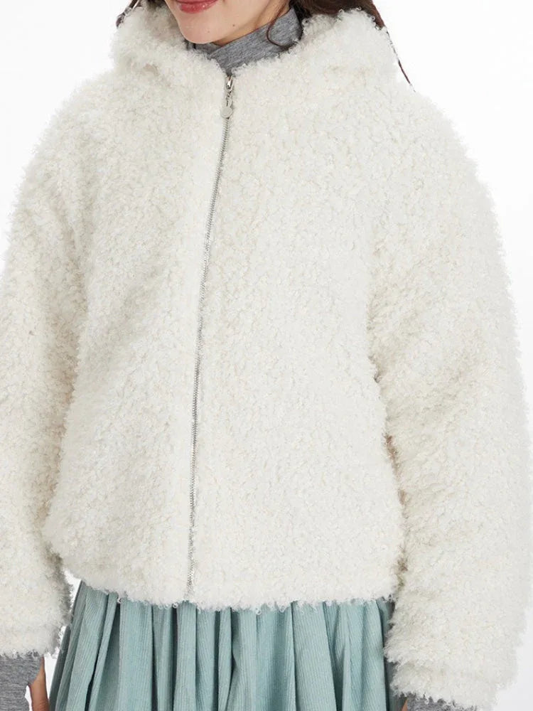Fuzzy white Sherpa fleece hoodie with a hood featuring bunny ears and a front zipper closure. - View 6 | WEUXS
