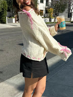Chunky knit V-neck sweater with ribbon detail - View 6 | WEUXS