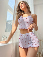 Red Bow Print Ribbed Cami & Shorts Set - WEUXS