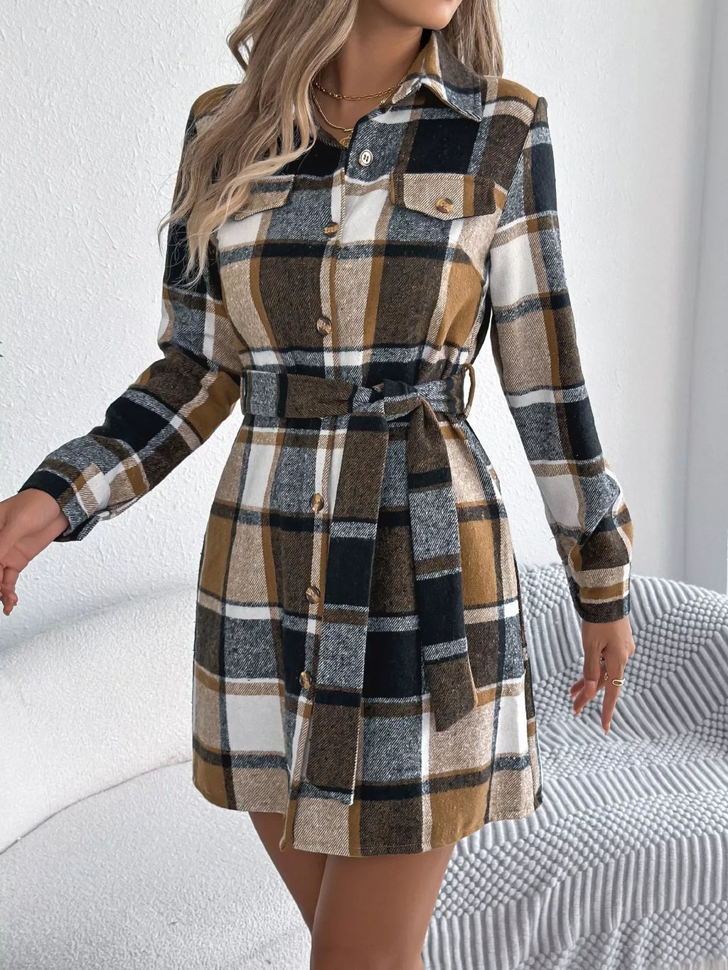 Green Plaid Belted Shirt Dress - View 8 | WEUXS