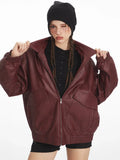 Vintage Burgundy Oversized Faux Leather Bomber Jacket - WEUXS