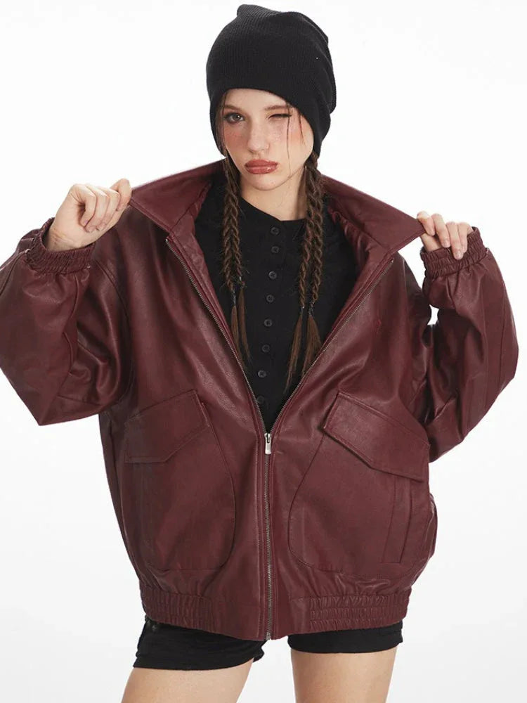 Vintage Burgundy Oversized Faux Leather Bomber Jacket - WEUXS