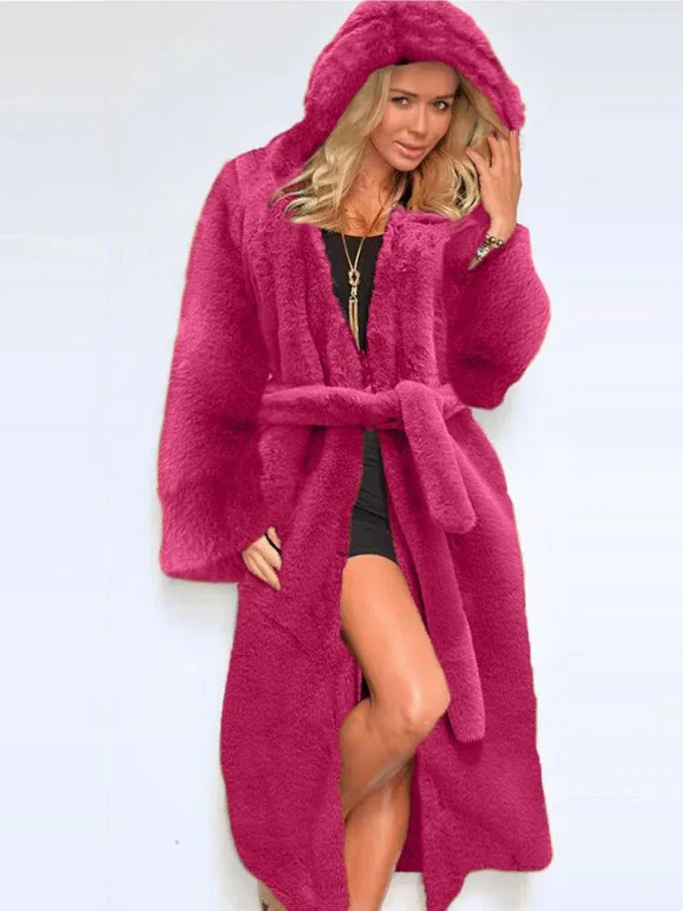 Midnight Noir Hooded Faux Mink Long Coat - View 6 | WEUXS