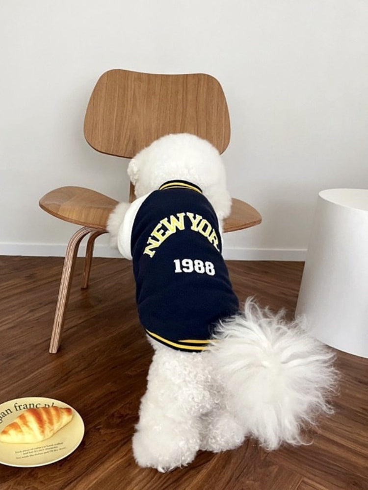 Navy Blue New York 1988 Varsity Fleece Pet Jacket - View 6 | WEUXS