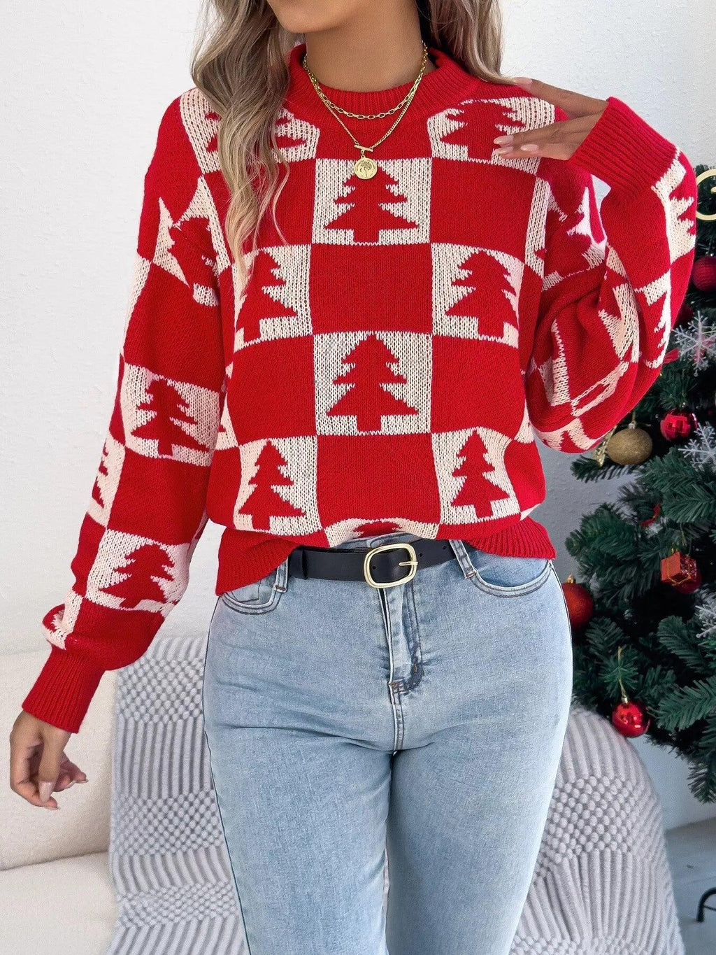 Festive Forest Checkerboard Knit Sweater - View 9 | WEUXS