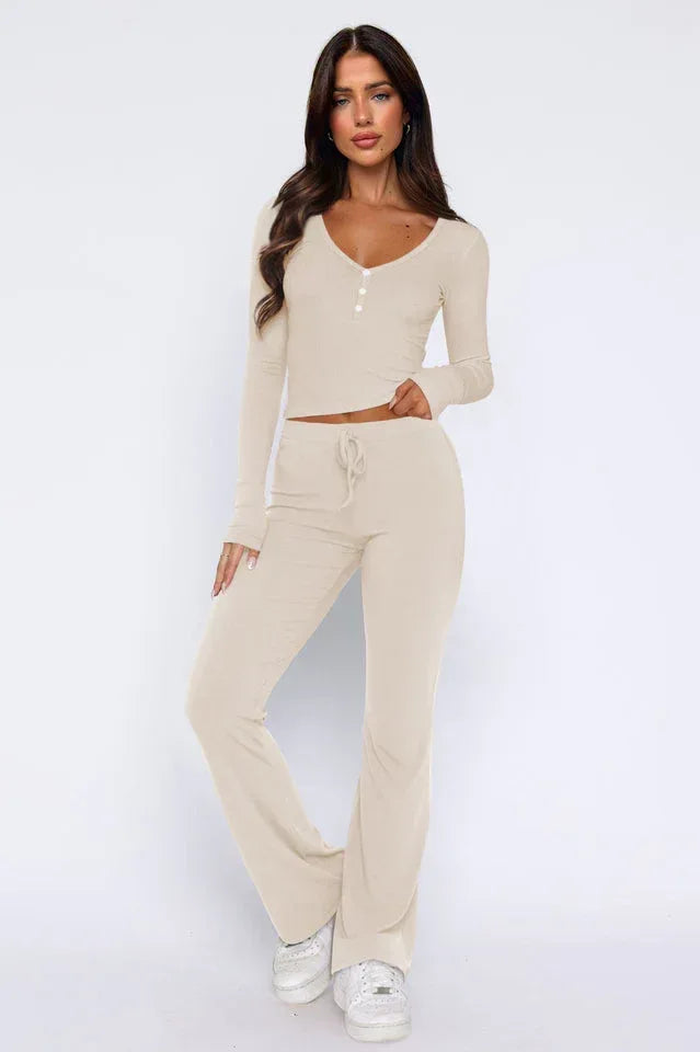 Dark grey women's long sleeve pajama set with flared pants