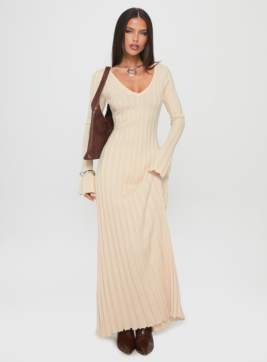 Cream Ribbed V-Neck Long Sleeve Maxi Dress - Soft Viscose Tie-Waist Lounge Gown