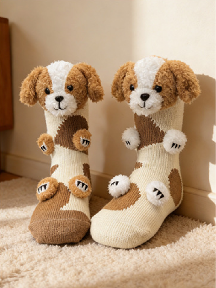 Beige 3D Puppy Dog Knit Slipper Socks Non-Slip
