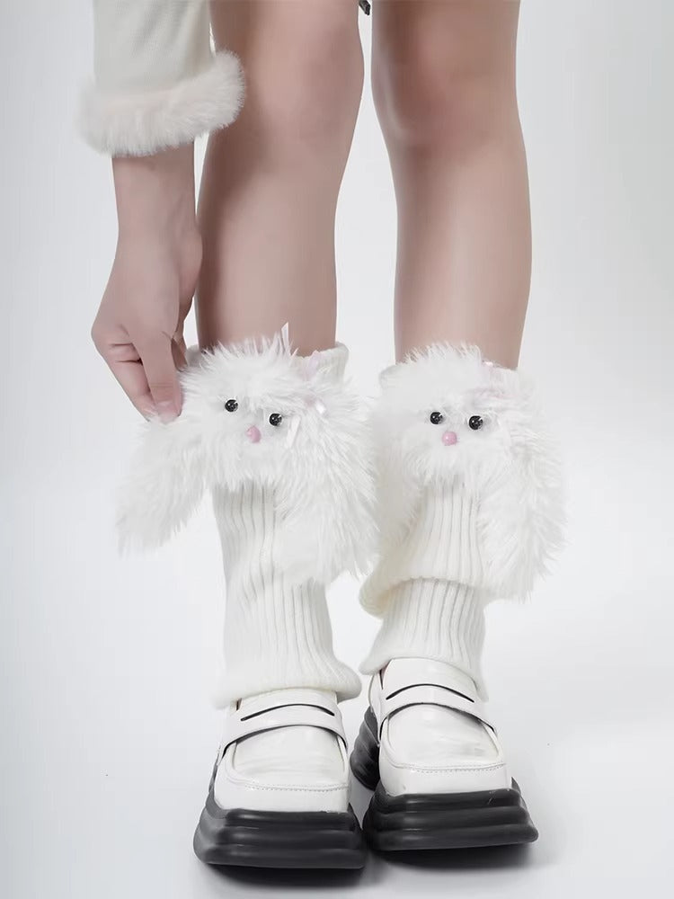 White fuzzy character leg warmers with ribbed knit detail