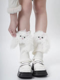 White fuzzy character leg warmers with ribbed knit detail