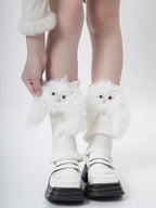 White fuzzy character leg warmers with ribbed knit detail