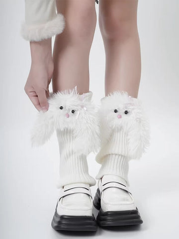 White fuzzy character leg warmers with ribbed knit detail