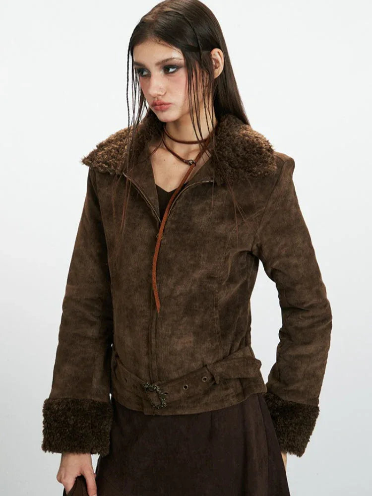 Front view of a woman wearing a brown faux suede jacket with shearling trim.