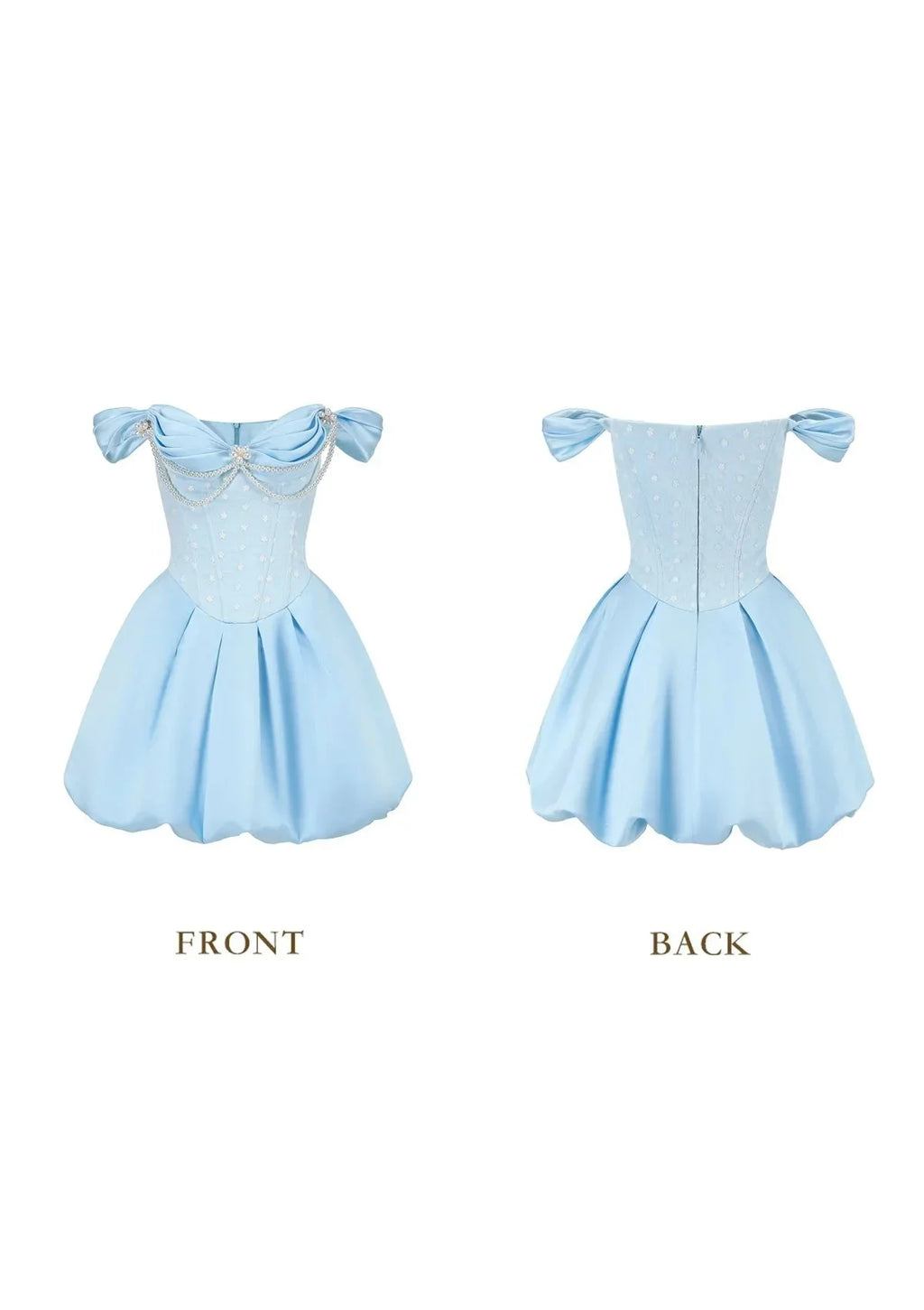 Front view of a light blue off-the-shoulder satin dress with a pearl-embellished bodice and a pleated bubble hem skirt.