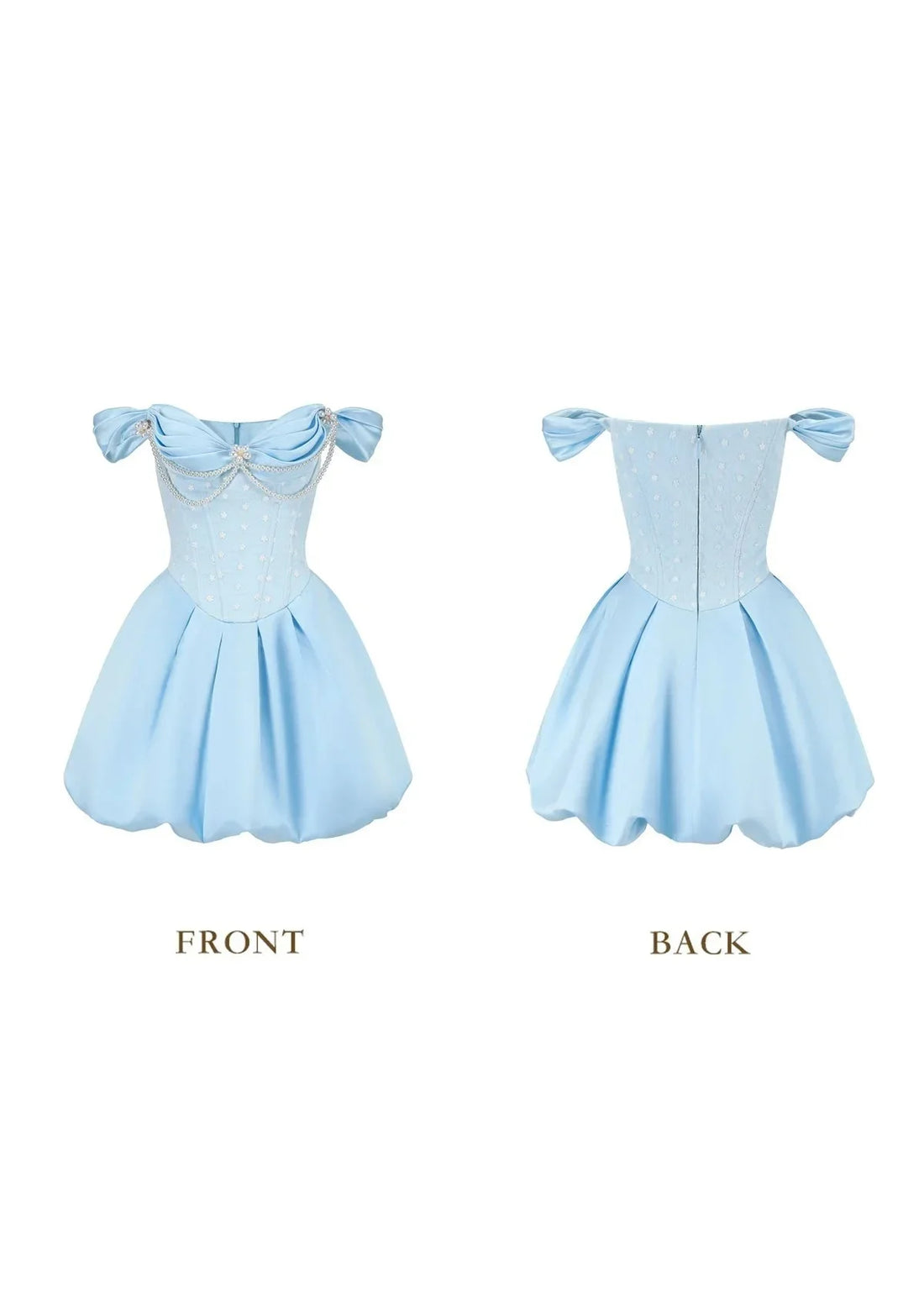 Woman wearing a light blue off-the-shoulder satin dress with a pearl-embellished bodice and a bubble hem skirt.