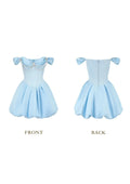 Front view of a light blue off-the-shoulder satin dress with a pearl-embellished bodice and a pleated bubble hem skirt.