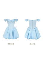 Front view of a light blue off-the-shoulder satin dress with a pearl-embellished bodice and a pleated bubble hem skirt.