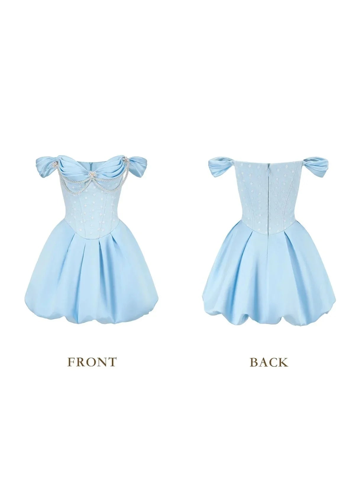 Front view of a light blue off-the-shoulder satin dress with a pearl-embellished bodice and a pleated bubble hem skirt.
