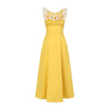 Yellow sleeveless maxi dress with white floral embroidery and lace neckline