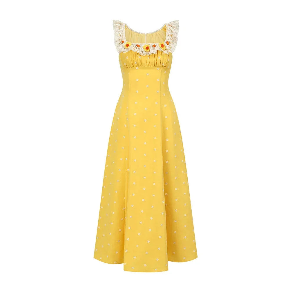 Yellow sleeveless maxi dress with white floral embroidery and lace neckline