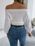 Khaki Off-Shoulder Cable Knit Sweater - View 17 | WEUXS