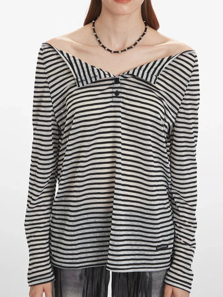 Off-Shoulder Striped Henley Top - View 6 | WEUXS