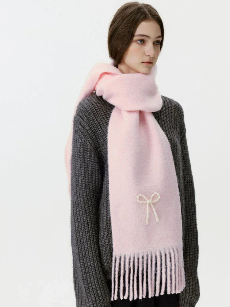 Wool blend scarf with pearl bow detail - View 8 | WEUXS