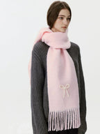 Wool blend scarf with pearl bow detail - View 8 | WEUXS