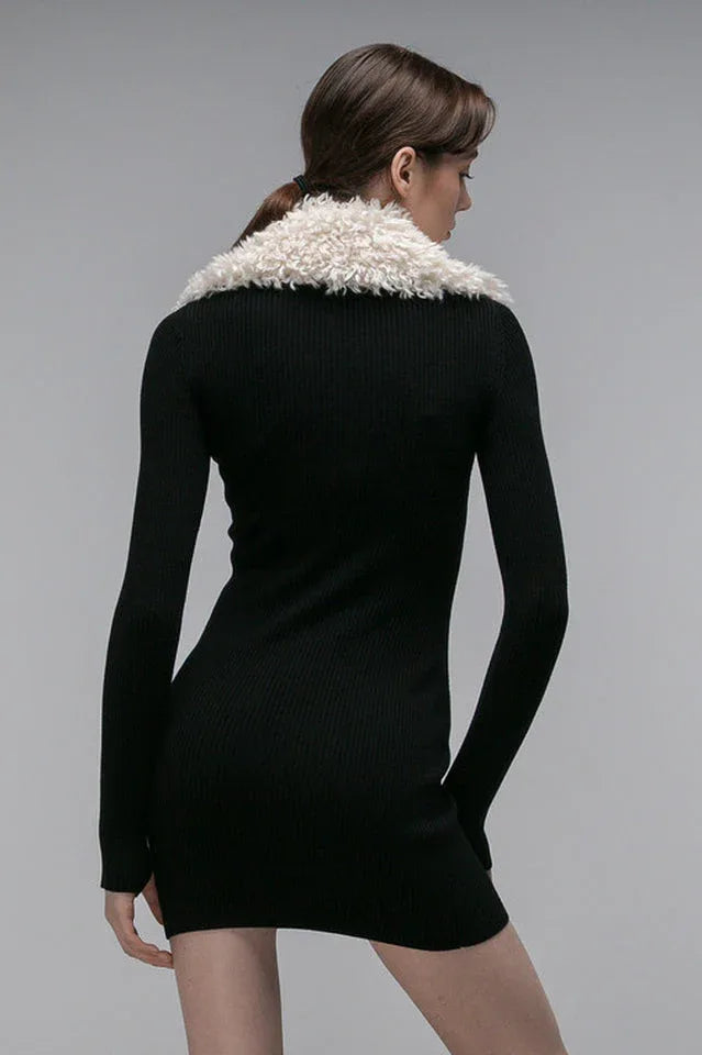 Fluffy Collared Zip Detailed Knit Dress - WEUXS