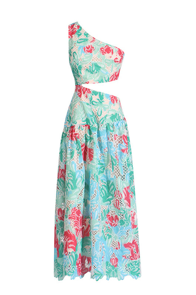 Botanical Print One Shoulder Frill Midi Dress | Dress In Beauty