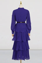 Back view of mannequin wearing a violet tiered chiffon maxi dress with lace detail and balloon sleeves