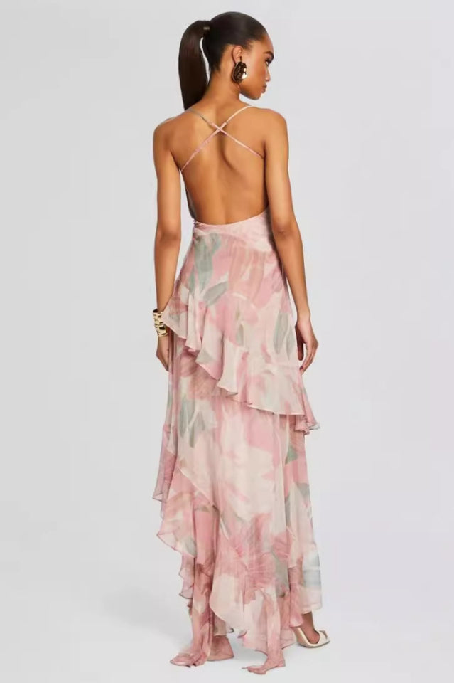 Printed Ruffle Asymmetric Maxi Dress | Dress In Beauty