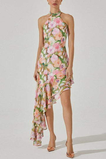 Sabina Asymmetric Floral Halter Midi Dress | Dress In Beauty