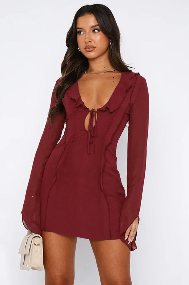 Mesh mini dress with bell sleeves and tie front - View 13 | WEUXS