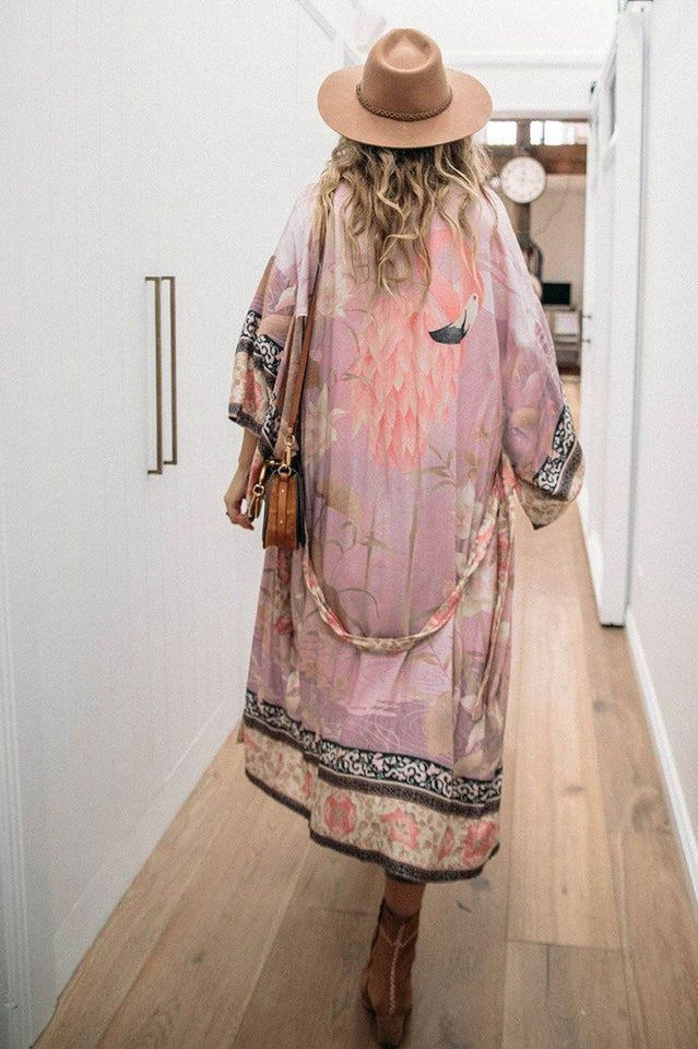 Floral Crane Print Kimono With Belt | Dress In Beauty