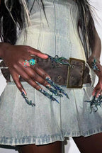 Blue distressed denim kilt mini dress with corset detailing and detachable belt - View 14 | WEUXS
