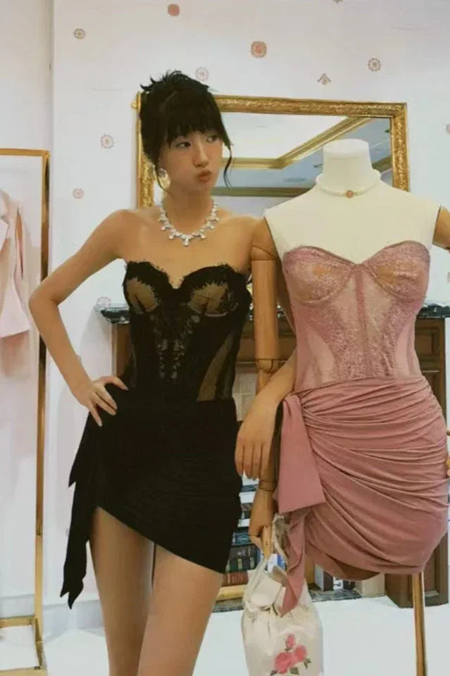 Strapless Lace Corset Draped Dress - WEUXS