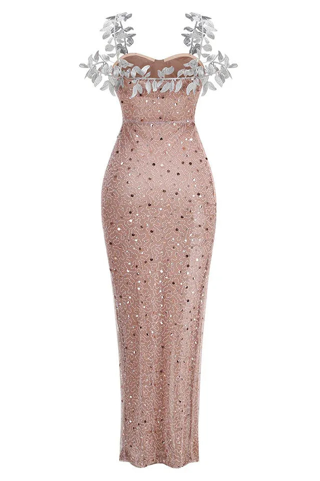 Slip Leaf Beaded Sequin Embellished Gown - WEUXS